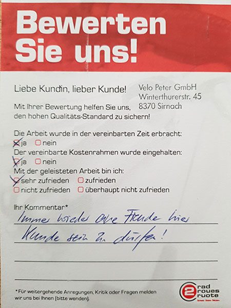 Ausgefüllte Kundenbewertung «Bewerten Sie uns!»